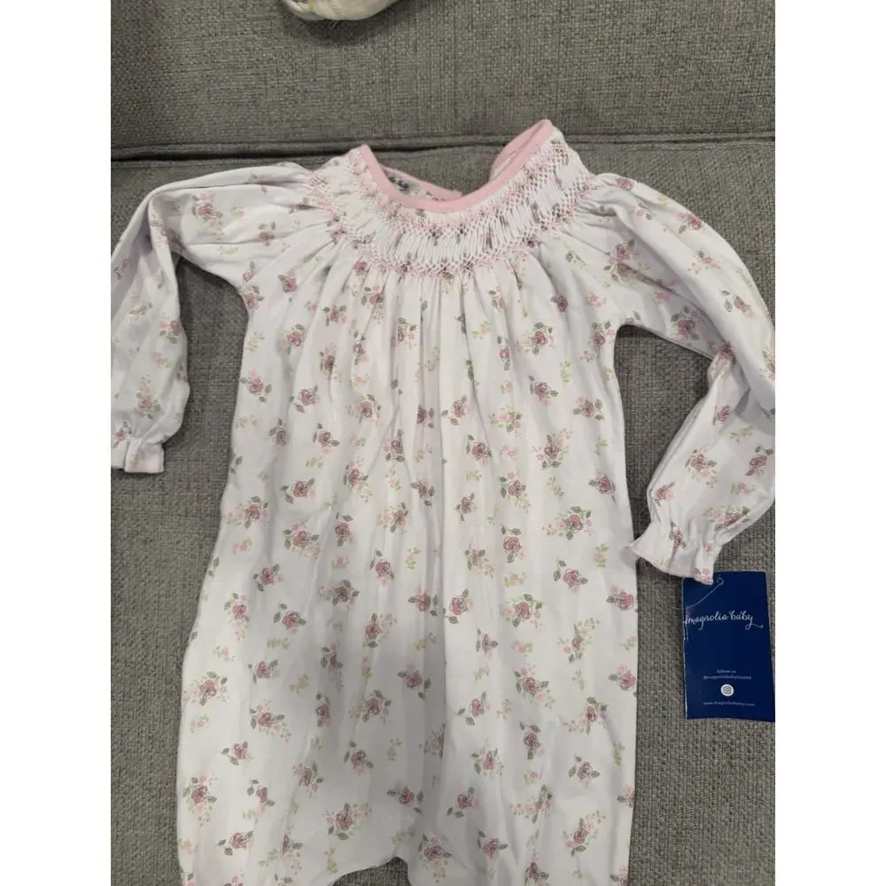 Magnolia Baby Smocked Bishop Style Long Sleeve Fleoal Romper 9 Months NWT $62